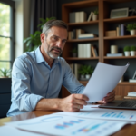 Homme d'affaires analysant des documents dans un bureau moderne