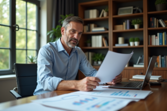 Homme d'affaires analysant des documents dans un bureau moderne