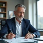 Homme d'affaires en costume bleu examine des documents
