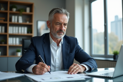 Homme d'affaires en costume bleu examine des documents