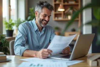 Homme d'affaires confiant travaillant sur documents immobilier