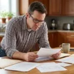 Homme d'affaires en train de lire des documents dans une cuisine moderne