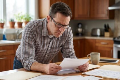 Homme d'affaires en train de lire des documents dans une cuisine moderne