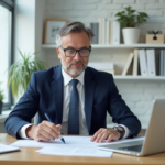 Homme d'affaires en costume organise des documents dans un bureau moderne
