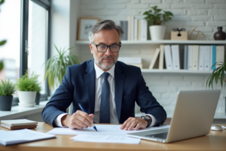 Homme d'affaires en costume organise des documents dans un bureau moderne