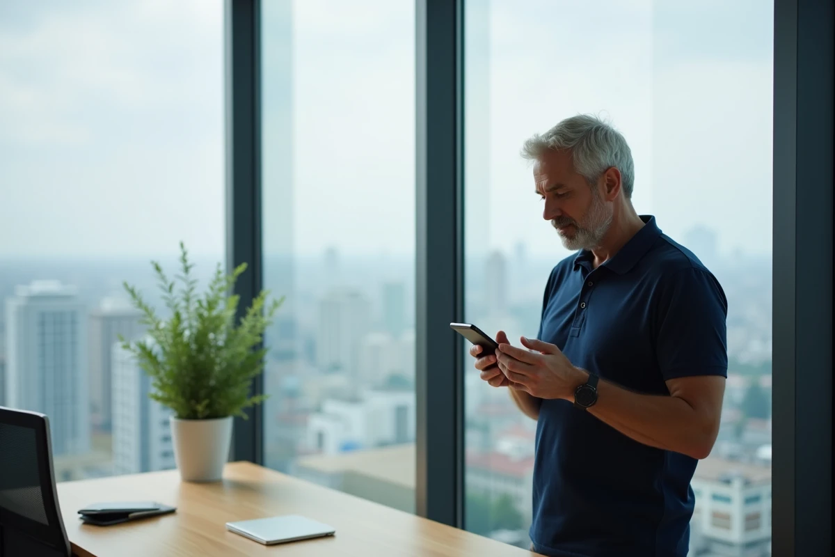 Homme utilisant l'application Foncia sur mobile dans un bureau à domicile avec vue urbaine