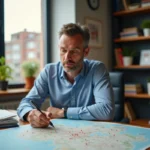 Homme d'âge moyen dans un bureau moderne avec cartes et carnets