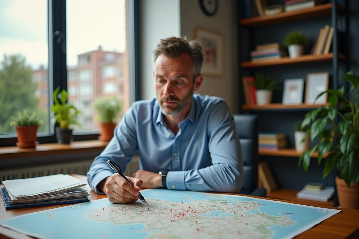 Homme d'âge moyen dans un bureau moderne avec cartes et carnets