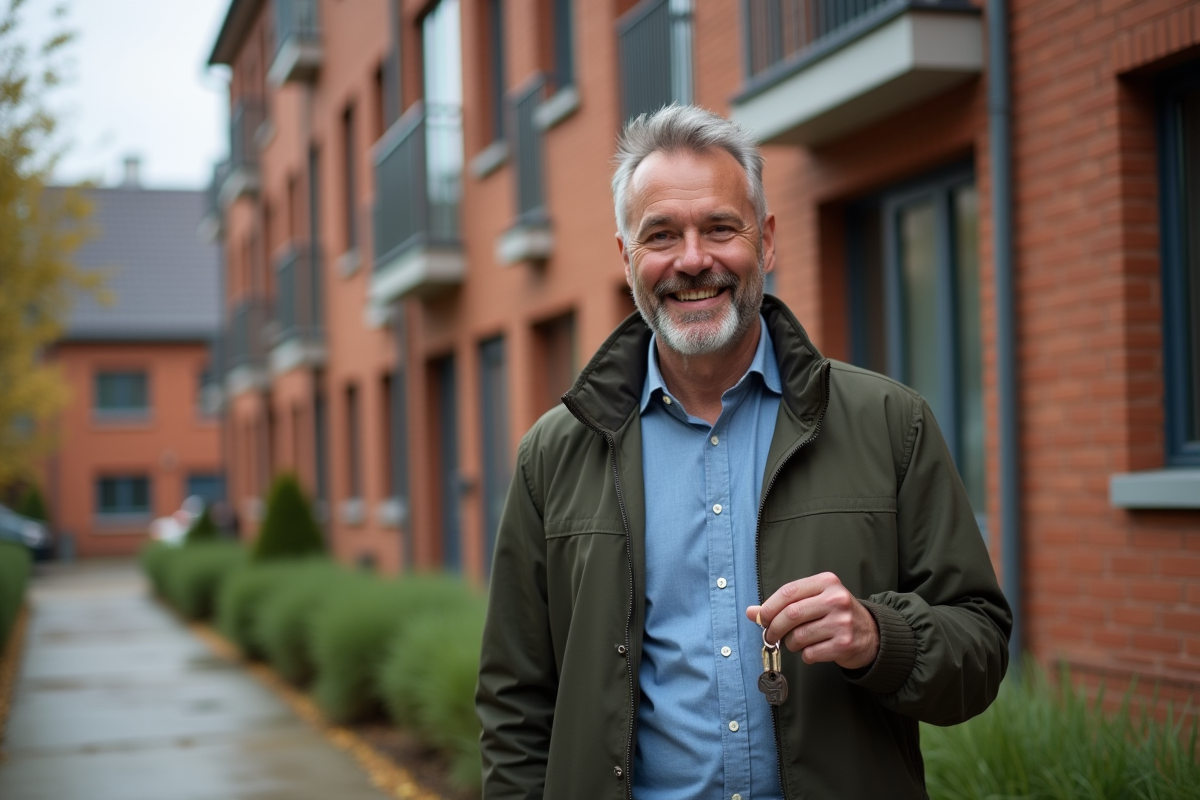 Homme souriant tenant des clés devant un immeuble rénové