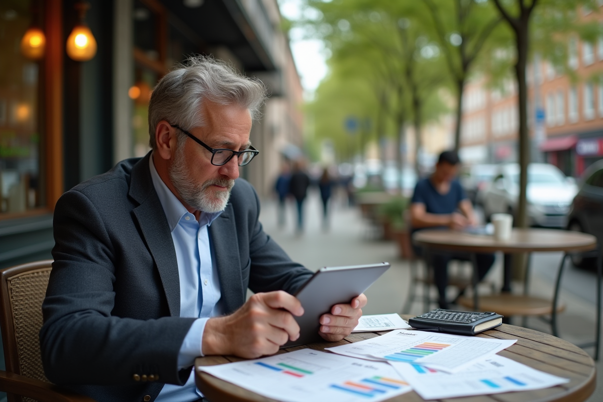 Homme en extérieur comparant fiches de taux bancaires