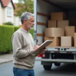 Homme d'âge moyen vérifiant une liste de déménagement à côté d'un camion moderne