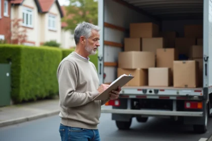 Homme d'âge moyen vérifiant une liste de déménagement à côté d'un camion moderne