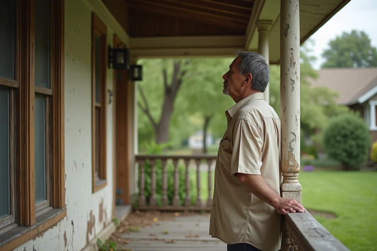 Homme d'âge mûr debout sur le porche d'une maison familiale ancienne, regard mélancolique vers la façade dans le contexte d'un héritage immobilier familial