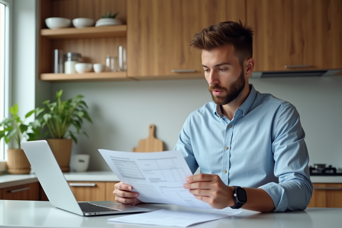 Jeune homme étudiant des documents fiscaux dans une cuisine moderne