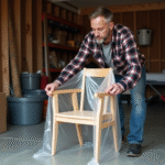 Homme en jeans emballant une chaise en garage