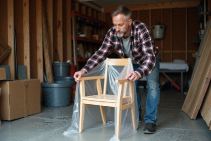 Homme en jeans emballant une chaise en garage