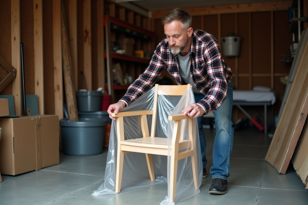 Homme en jeans emballant une chaise en garage
