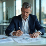 Homme d'âge moyen examinant des plans immobiliers dans un bureau