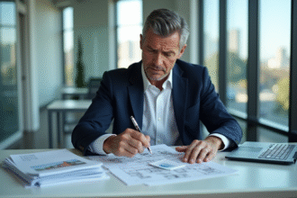 Homme d'âge moyen examinant des plans immobiliers dans un bureau