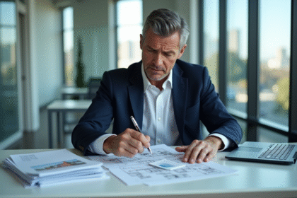 Homme d'âge moyen examinant des plans immobiliers dans un bureau