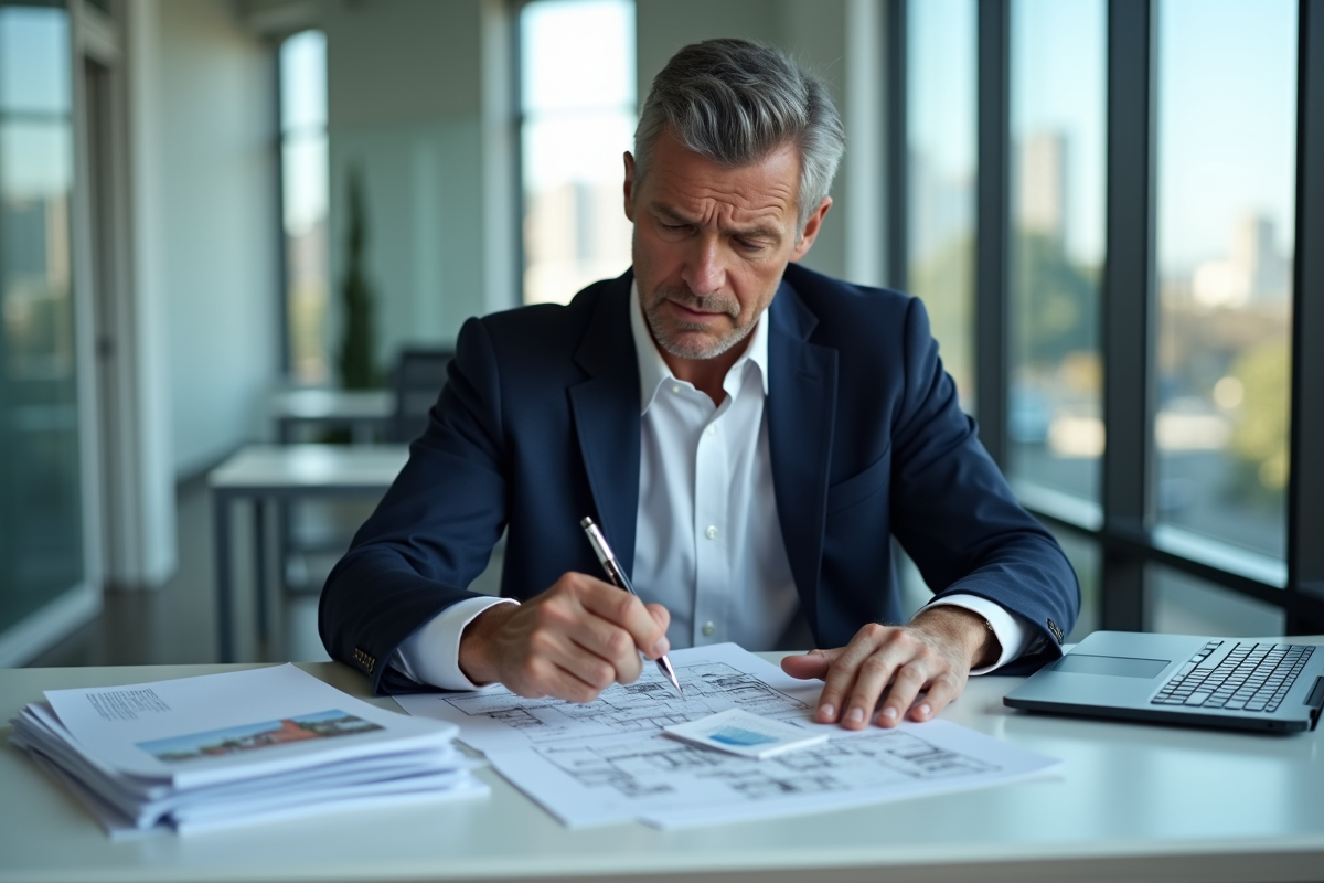 Homme d'âge moyen examinant des plans immobiliers dans un bureau