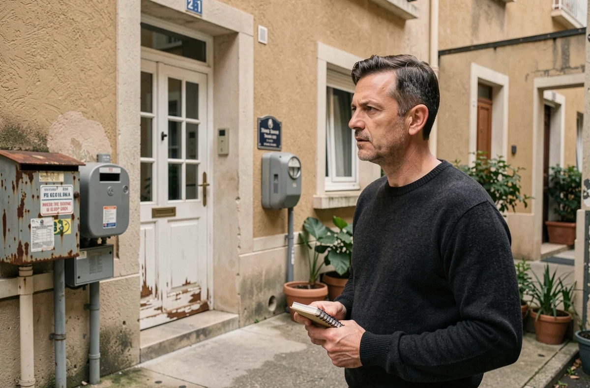 Homme inspectant la facade d'un immeuble résidentiel dans un quartier de La Roche-sur-Yon avant achat