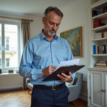 Homme d'âge moyen vérifiant des documents dans un appartement parisien