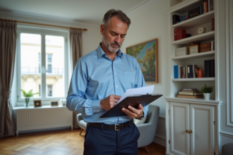 Homme d'âge moyen vérifiant des documents dans un appartement parisien