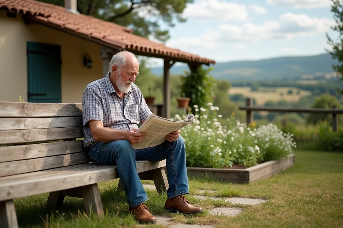 Homme âgé lisant dans un jardin rural en France
