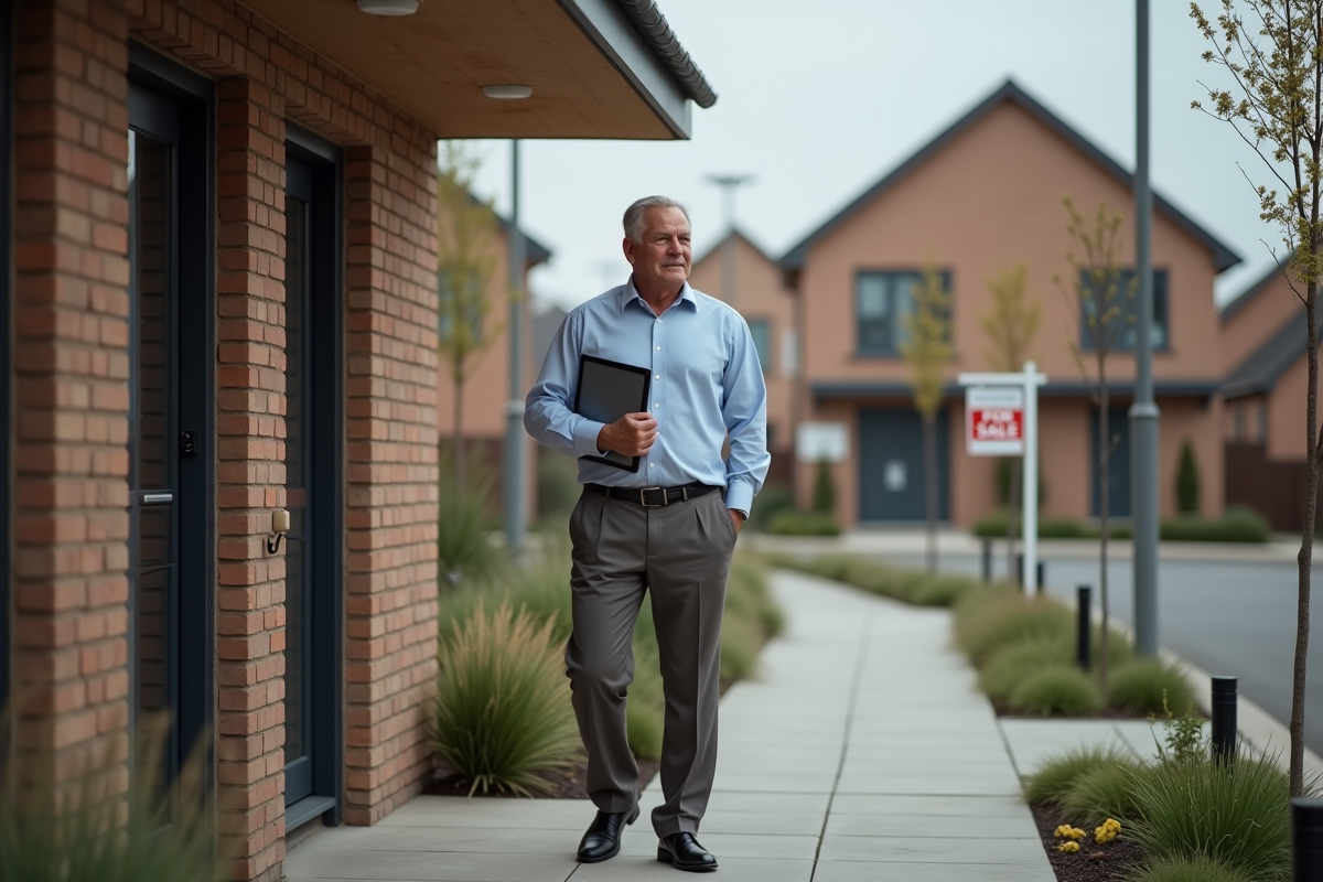 Homme devant une maison avec panneau a vendre dans la rue