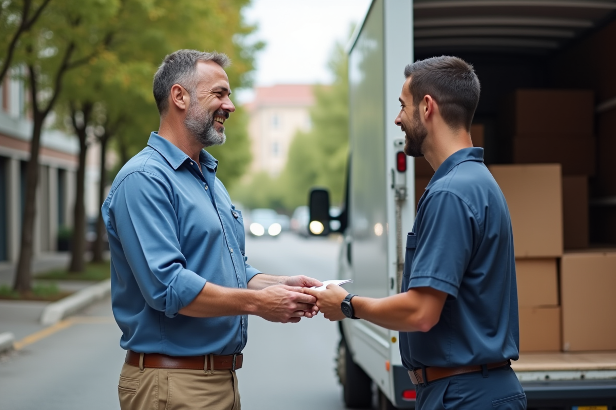 Homme donnant un reçu de paiement devant un camion de déménagement