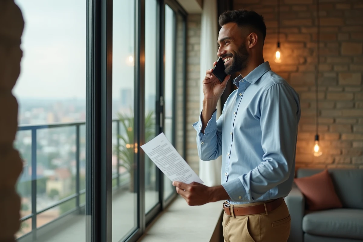 Jeune homme parle au téléphone dans un appartement urbain lumineux
