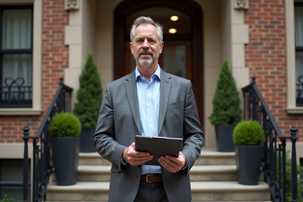 Homme d affaires devant un immeuble résidentiel