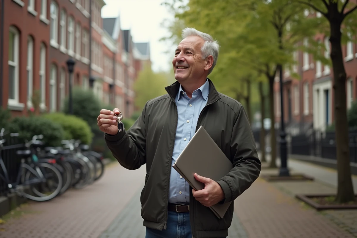 Homme avec clés devant immeuble résidentiel