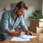 Homme remplissant un formulaire de mutation dans un salon lumineux