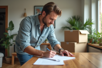 Homme remplissant un formulaire de mutation dans un salon lumineux