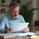 Homme d'âge moyen examine des documents de location dans un salon lumineux