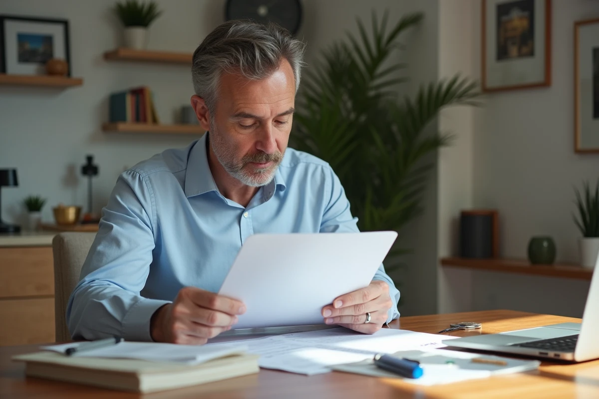 Homme d'âge moyen examine des documents de location dans un salon lumineux