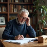 Homme senior lisant des documents familiaux dans un bureau chaleureux