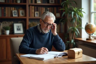 Homme senior lisant des documents familiaux dans un bureau chaleureux