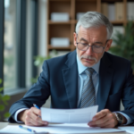 Homme senior en costume bleu examinant documents de prêt immobilier