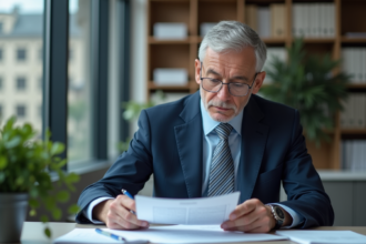 Homme senior en costume bleu examinant documents de prêt immobilier