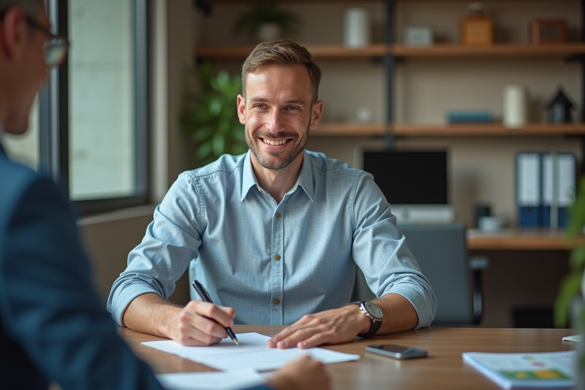 Homme signant des documents de remboursement de prêt dans un bureau professionnel
