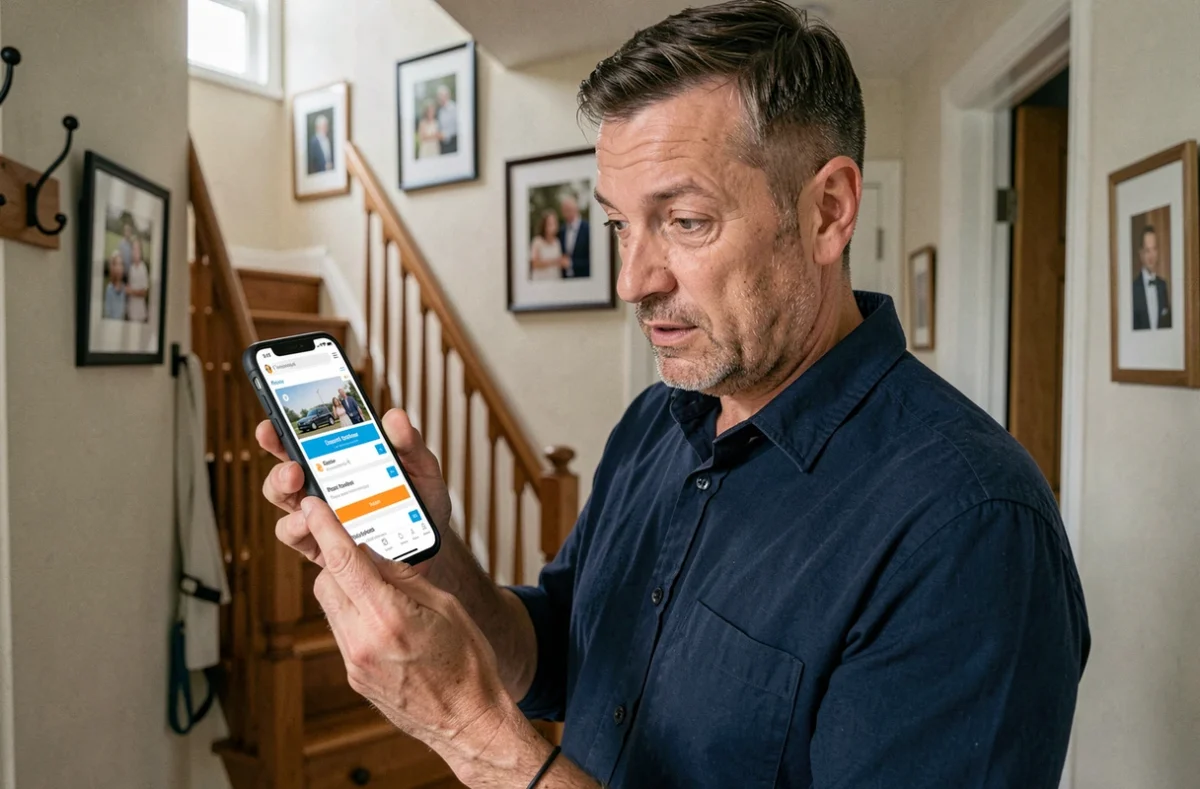 Homme recherchant une nouvelle assurance habitation sur son smartphone dans l'entrée de sa maison