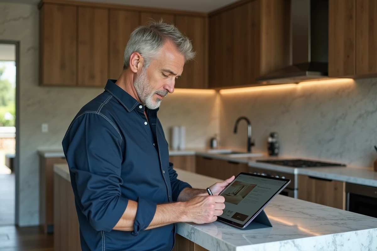 Homme consultant une application mobile de décoration habitat sur tablette dans une cuisine rénovée avec murs en pierre