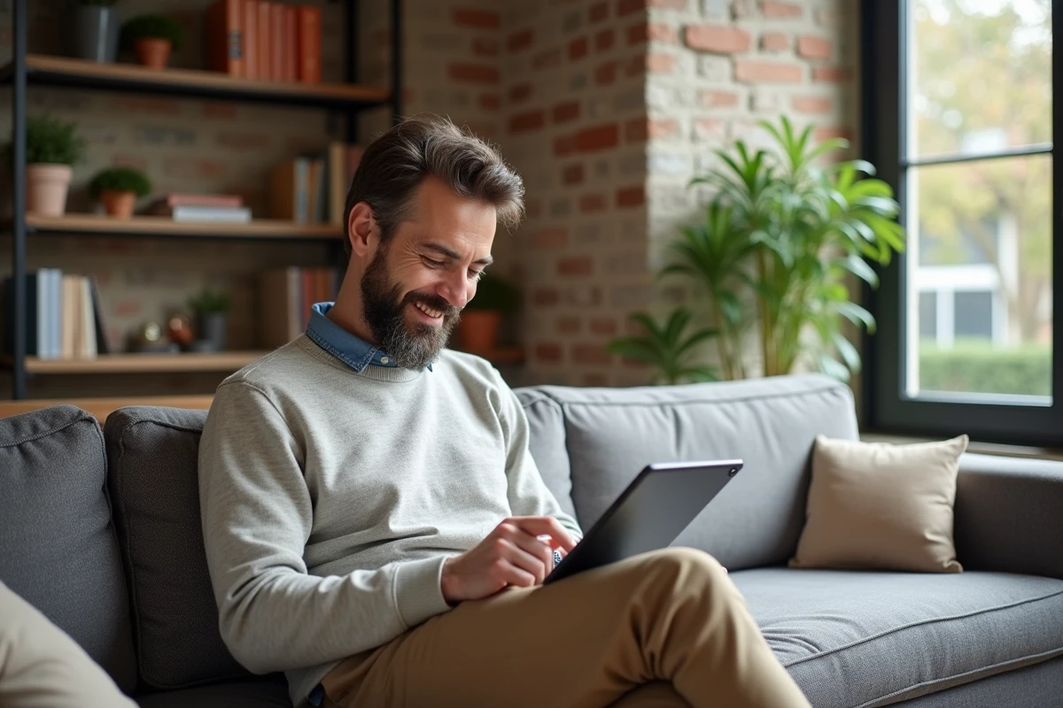 Homme vérifiant une annonce de location dans son salon à Toulouse