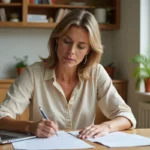 Hôte Airbnb étudiant un contrat de location et les conditions d'assurance à son bureau à domicile