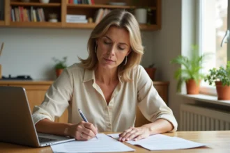Hôte Airbnb étudiant un contrat de location et les conditions d'assurance à son bureau à domicile