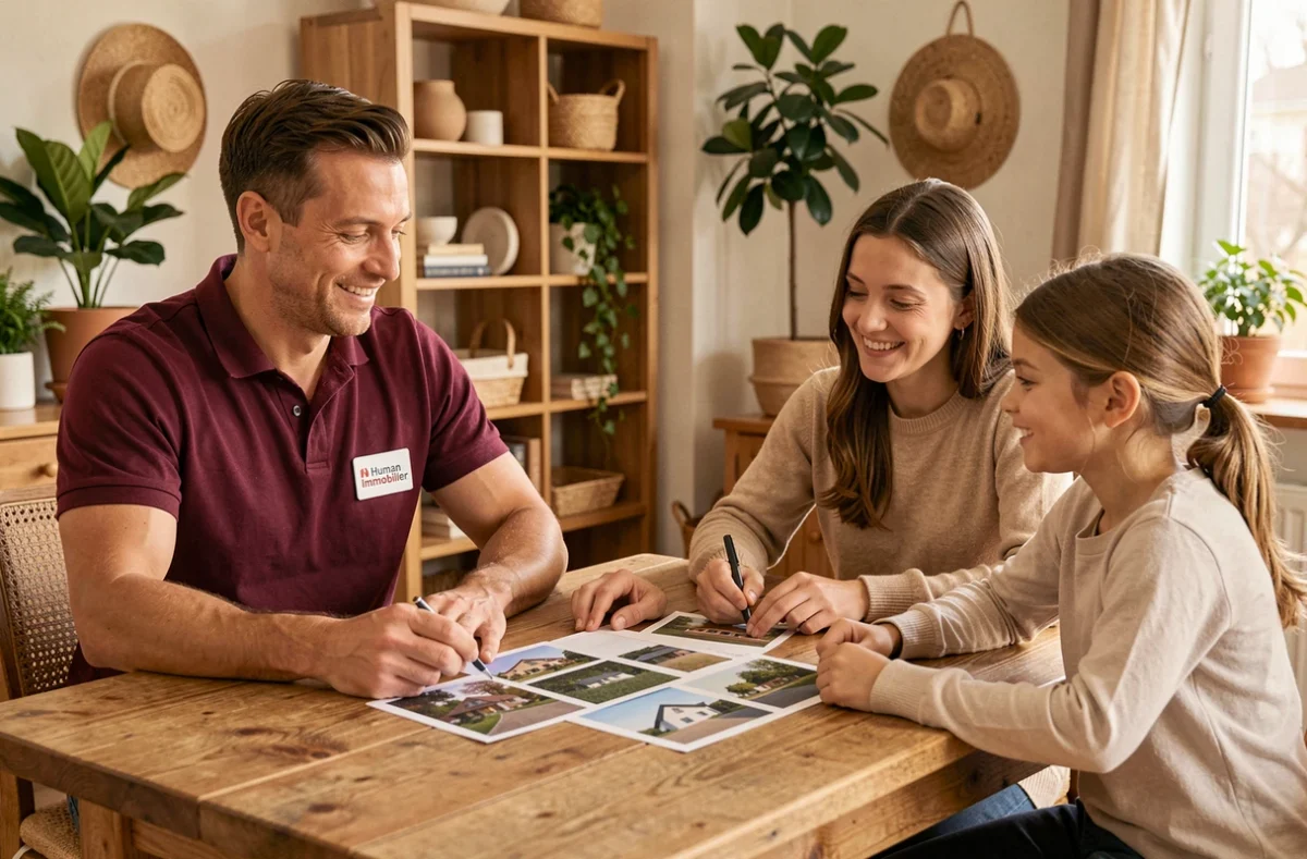 Agent Human Immobilier en chemise bordeaux en consultation conviviale avec une famille dans une agence du Val-d'Oise