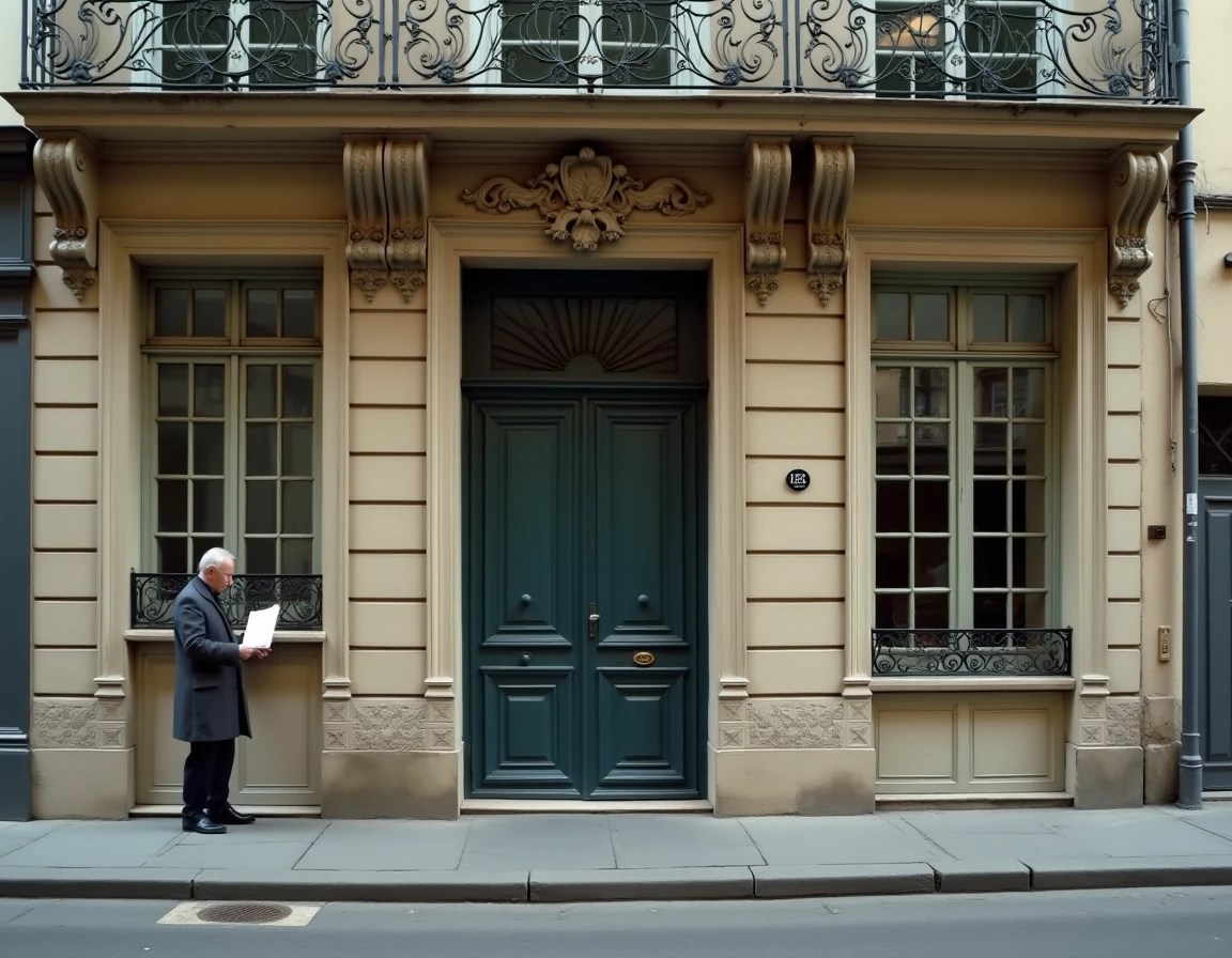 Homme consultant une annonce immobilière devant un immeuble ancien de style haussmannien à Paris